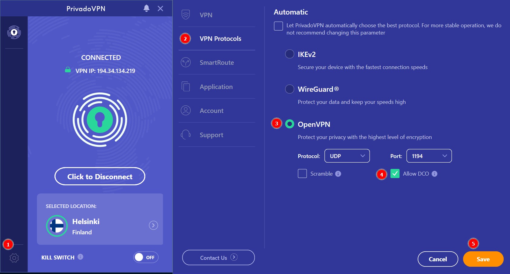 PrivadoVPN user interface