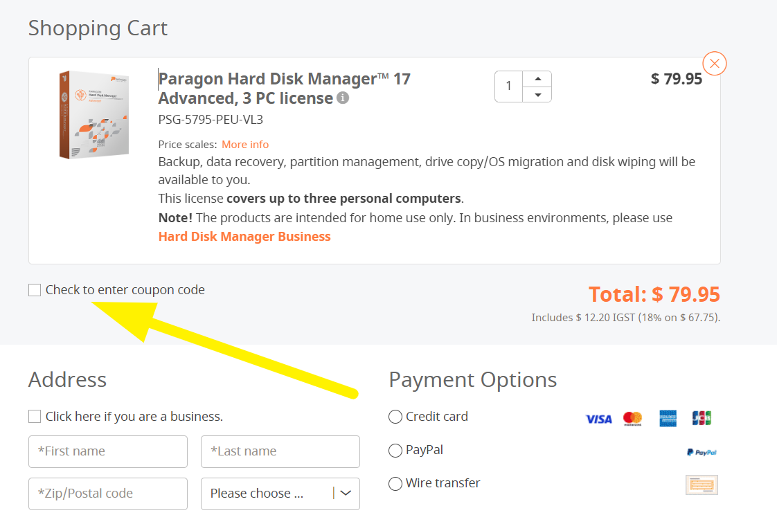 How to apply coupon code with Paragon Hard Disk Manager 17 Advanced
