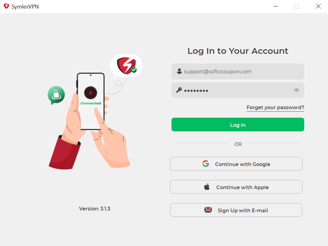 Symlex VPN login screen