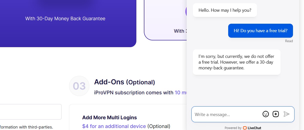 iprovpn live chat regarding free trial