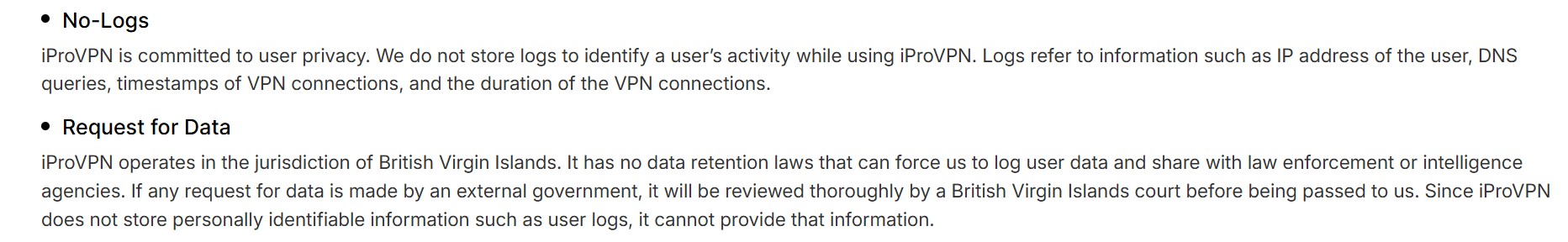 iprovpn no-log policy excerpt